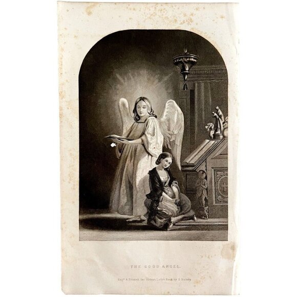 Engraving Good Angel Girl Praying Rosary 1859 Victorian Religious Art DWY5G - Picture 2 of 2